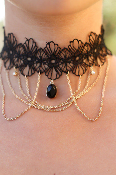Black Lace Choker with Gold Chain