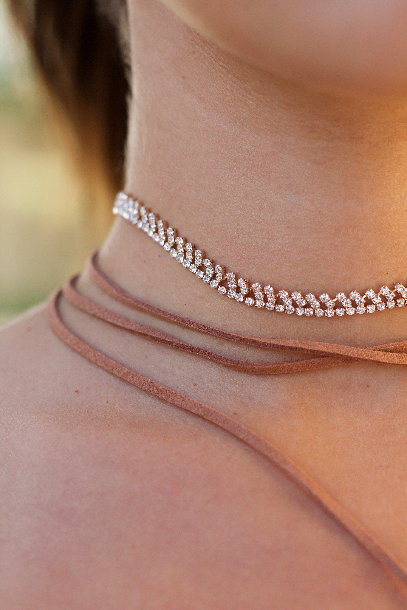 Brown Suede and Crystal Wrap Choker