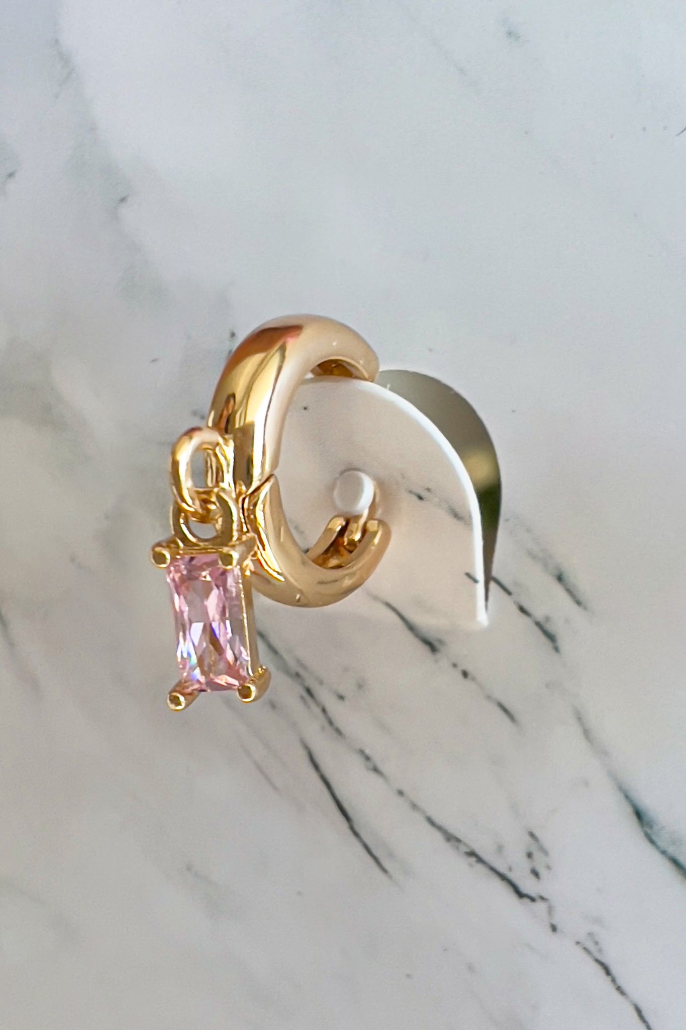 Gold Hoop Earrings with Pink Stone Drops