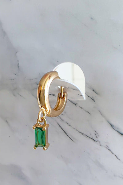 Gold Hoop Earrings with Green Stone Drops