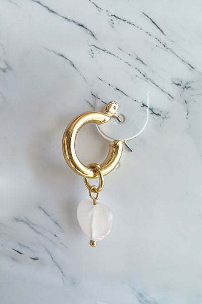 Gold Hoop Earrings with Rose Quartz Heart Pendant