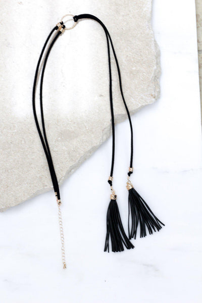 Black Suede Necklace with Leather Tassels