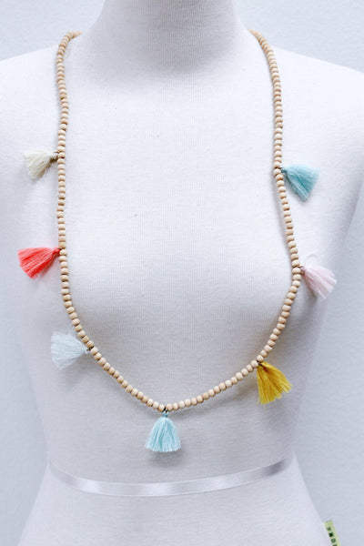 Wood Bead Necklace with Multi Colored Tassels