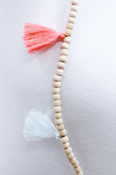 Wood Bead Necklace with Multi Colored Tassels
