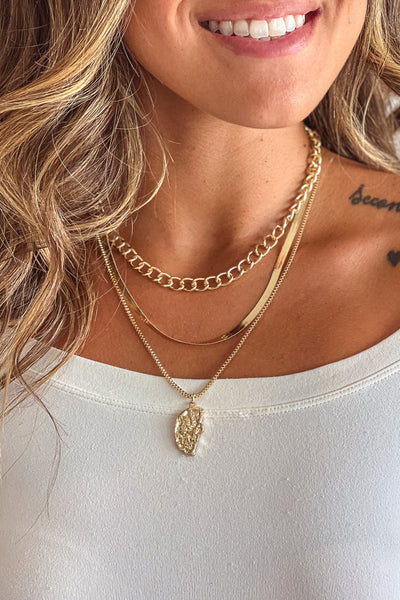 Gold Three Row Necklace with Chunky Link Chain