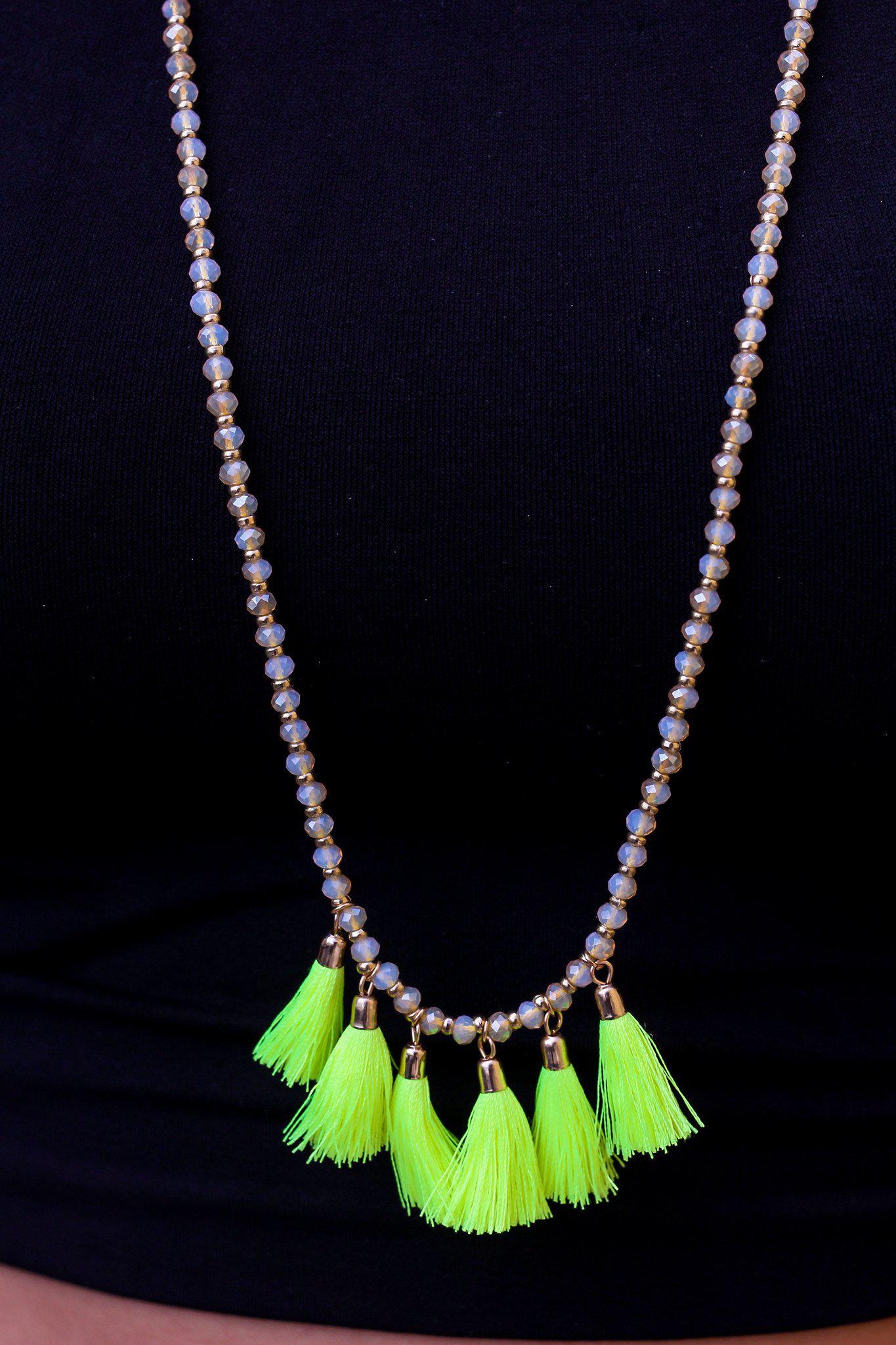 Neon Yellow Tassel Necklace with Glass Beads