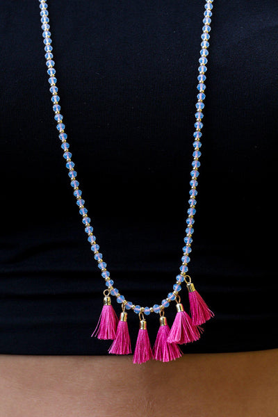 Pink Tassel Necklace with Glass Beads