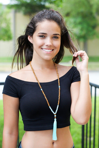 Brown Beaded Necklace with Aqua Tassel