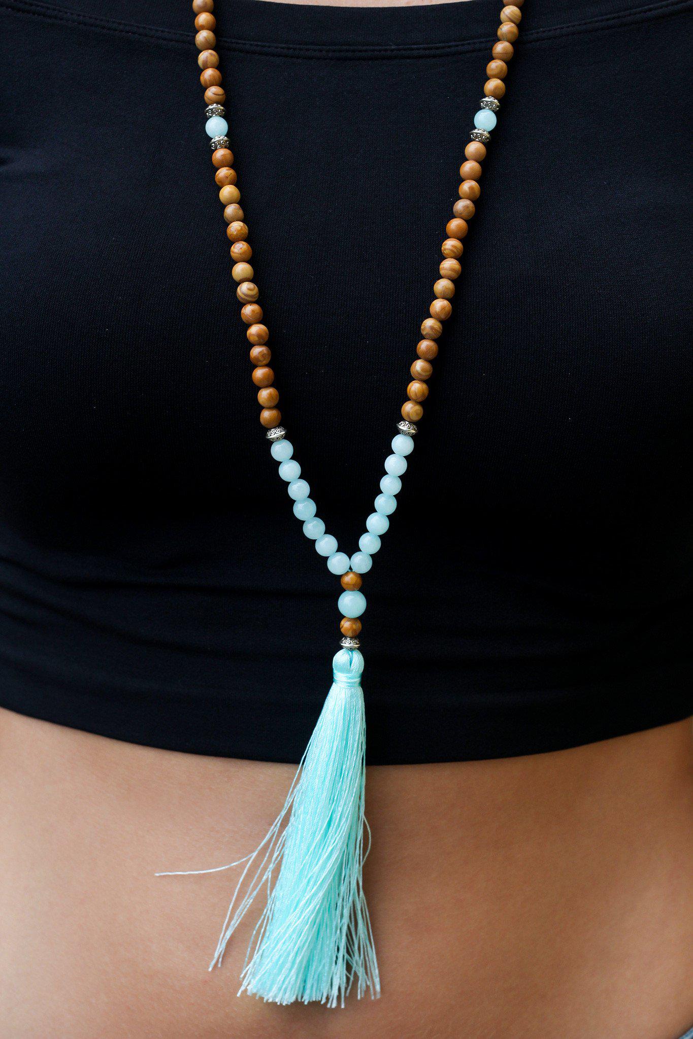 Brown Beaded Necklace with Aqua Tassel