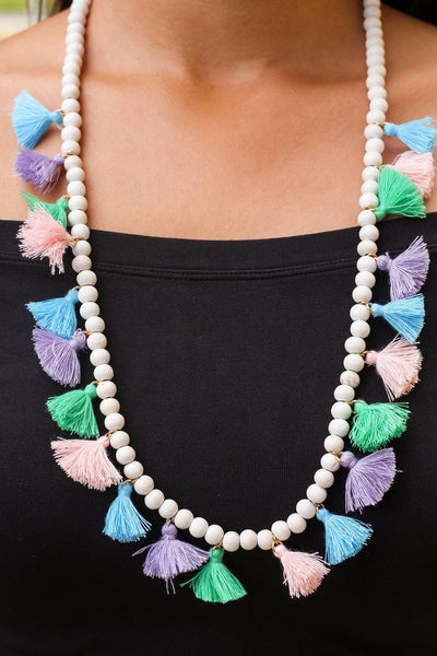 Ivory Wood Bead Necklace with Multi Colored Tassels