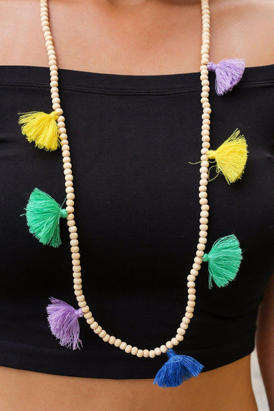 Natural Wood Bead Necklace with Multi Colored Tassels