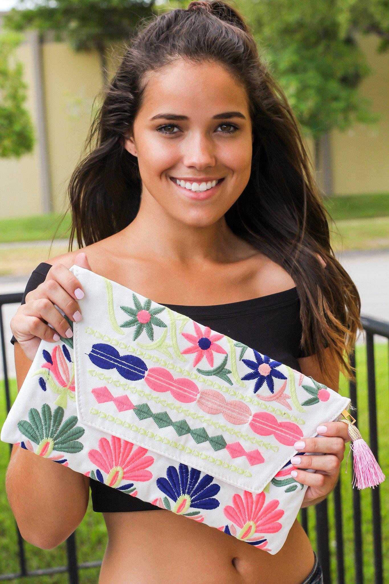 Ivory and Neon Printed Envelope Clutch