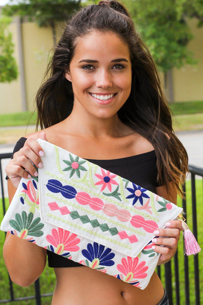 Ivory and Neon Printed Envelope Clutch