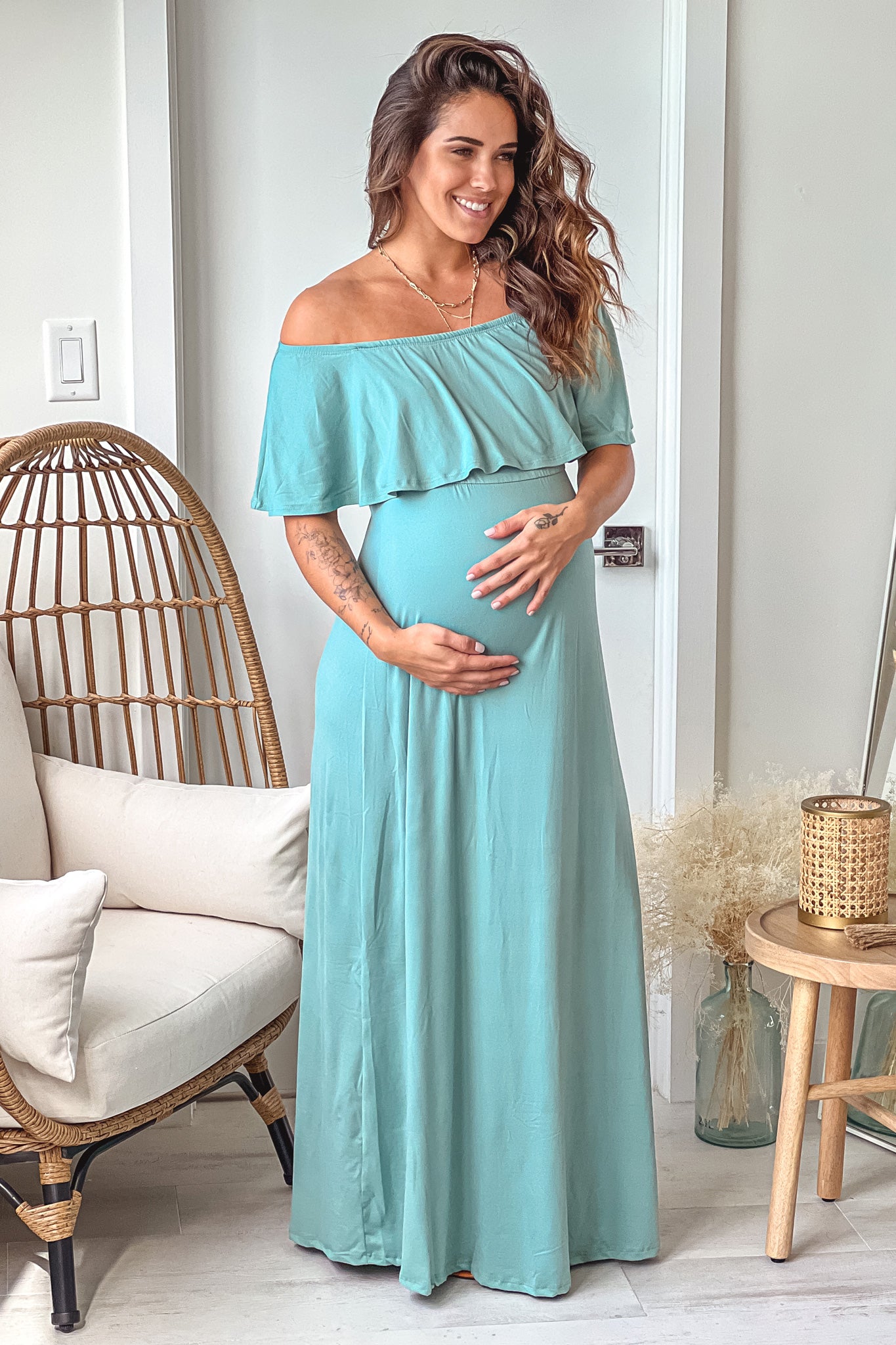 Sage Off Shoulder Maternity Maxi Dress with Ruffled Top