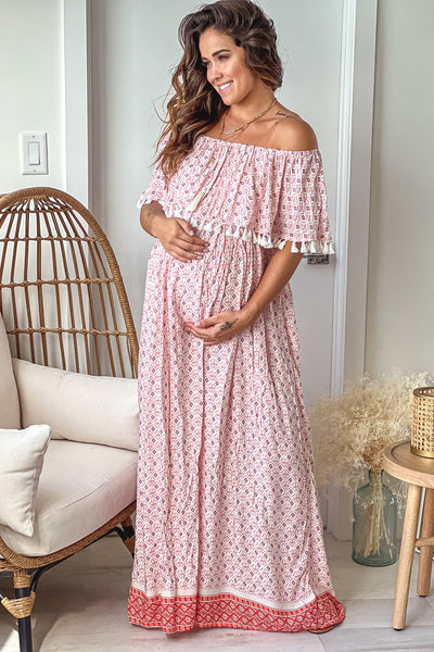 Natural Printed Off Shoulder Maternity Maxi Dress