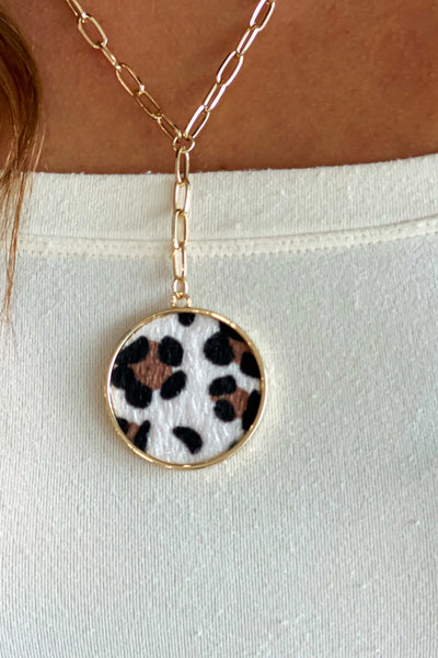 Gold and Black and White Round Animal Print Pendant Necklace