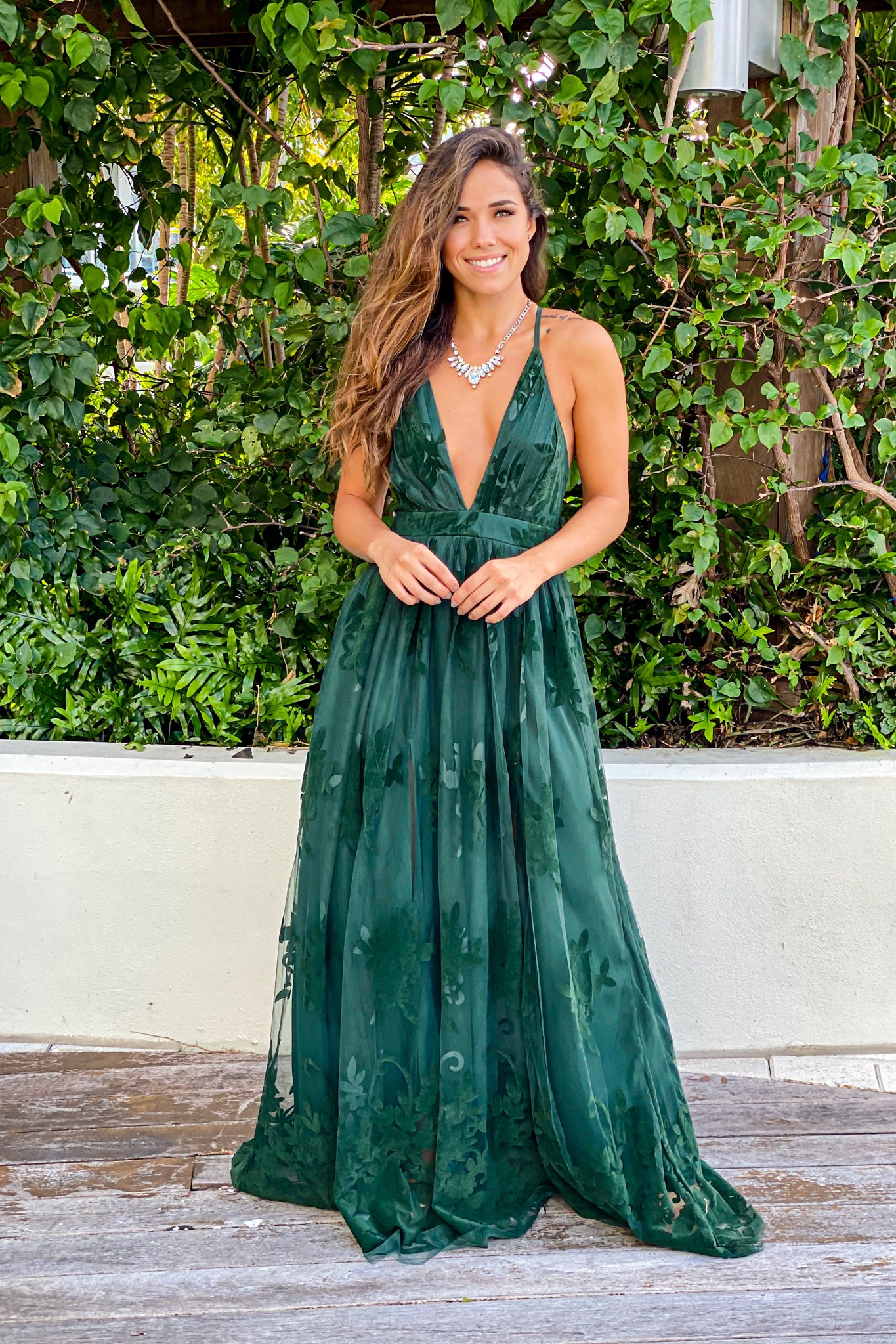 Hunter Green Floral Tulle Maxi Dress with Criss Cross Back