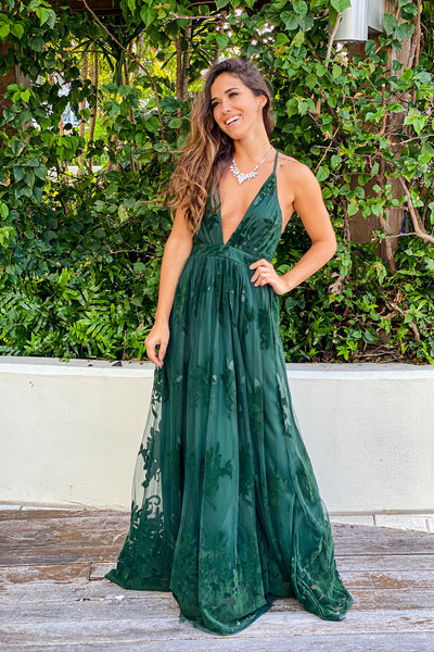 Hunter Green Floral Tulle Maxi Dress with Criss Cross Back