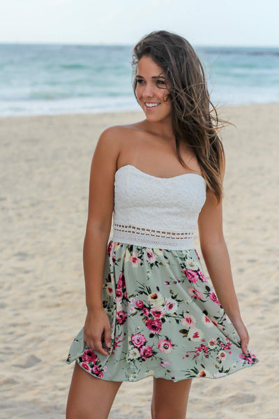 Sage Floral Short Dress with Lace Top