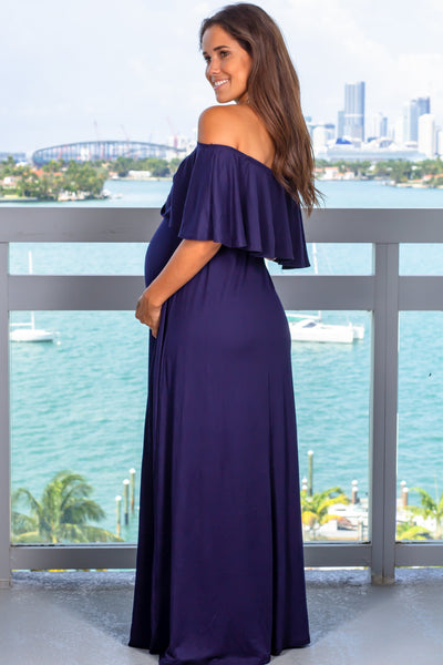Navy Off Shoulder Maternity Maxi Dress with Ruffled Top