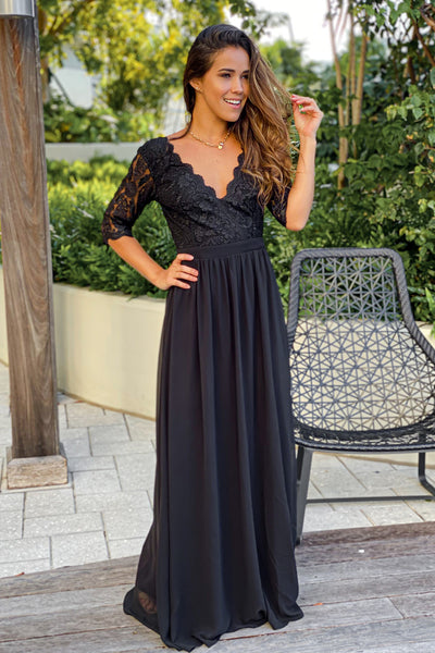 Black Embroidered Top Maxi Dress with Open Back