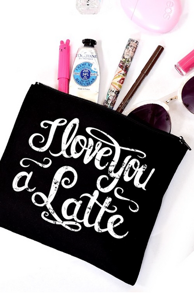 Black "I love you a Latte" Makeup Bag