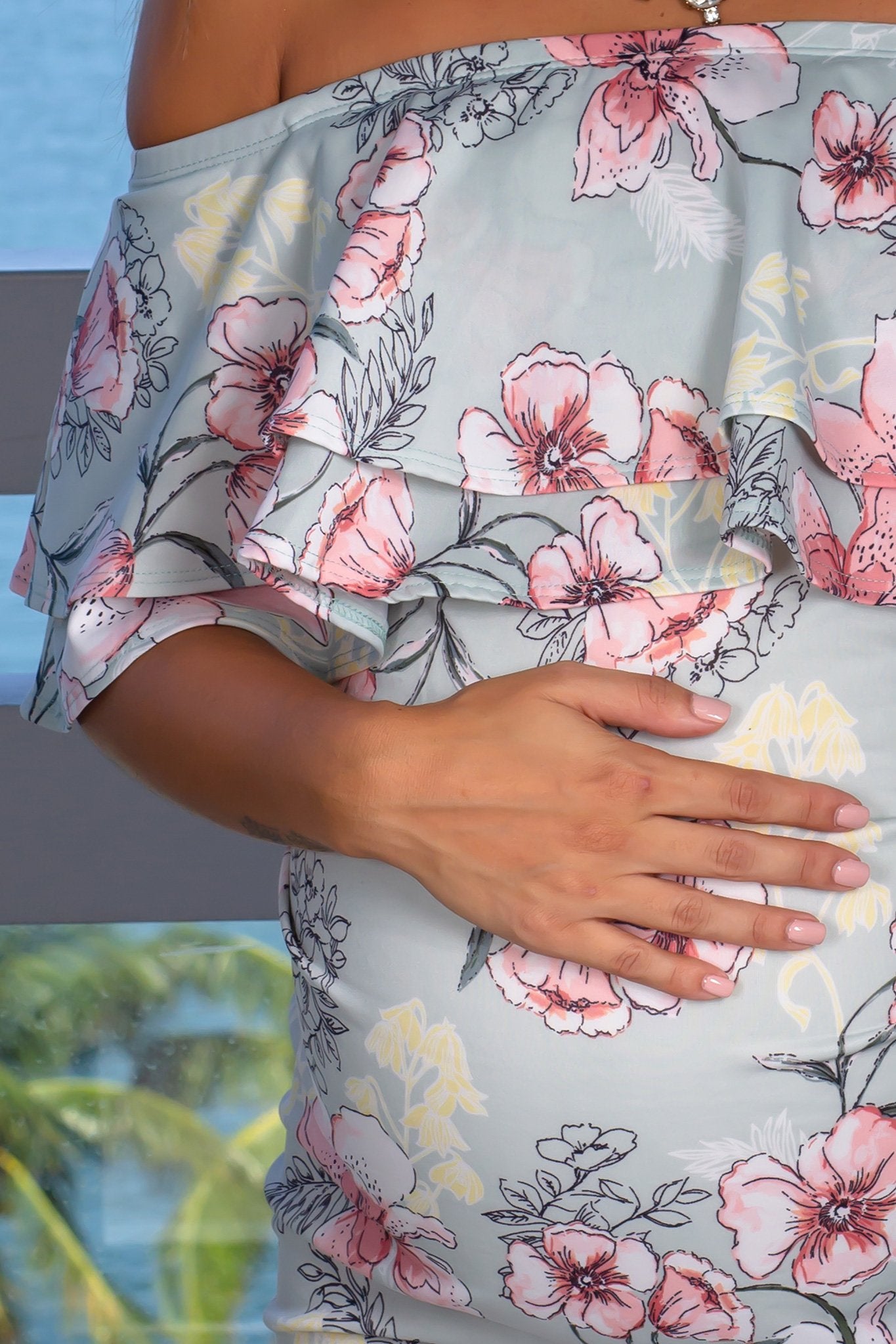 Mint Floral Off Shoulder Maternity Short Dress