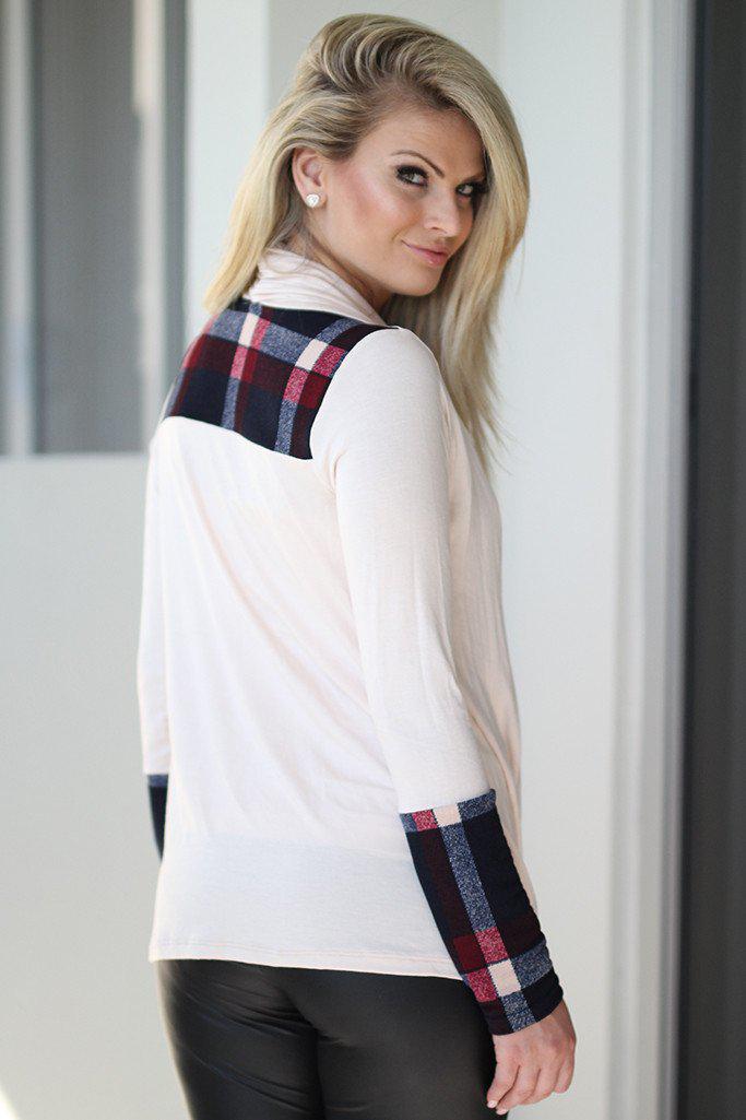 Ivory And Navy Plaid Wrap Top