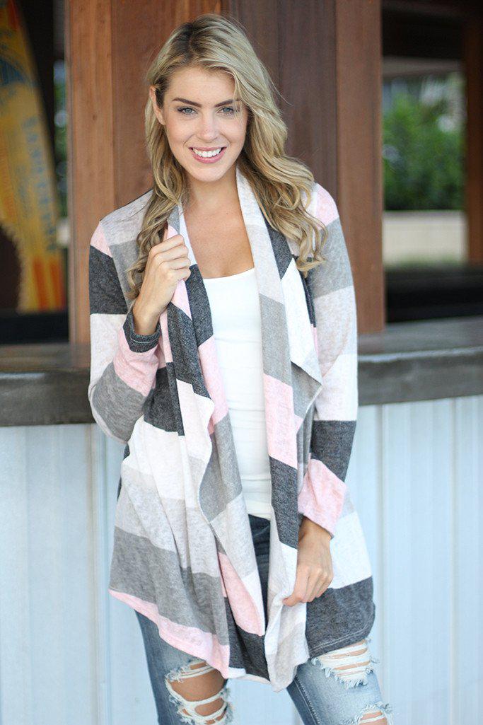 Ivory And Pink Color Block Cardigan