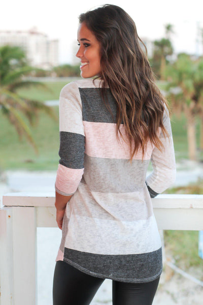 Ivory And Pink Color Block Top with 3/4 Sleeves
