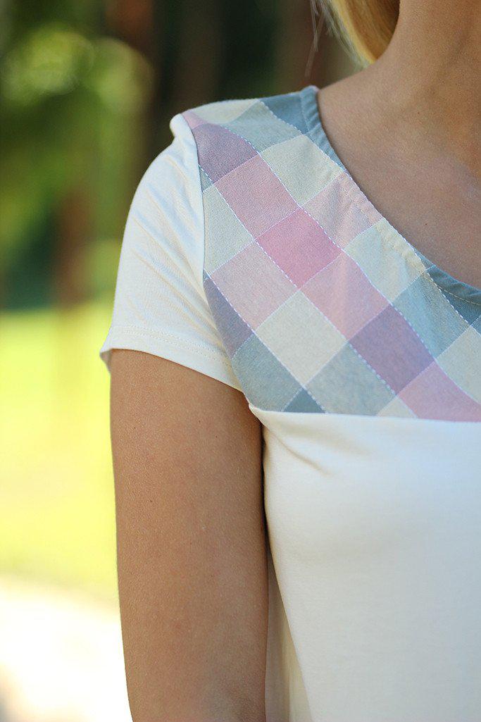 Ivory and Plaid Asymmetrical Top