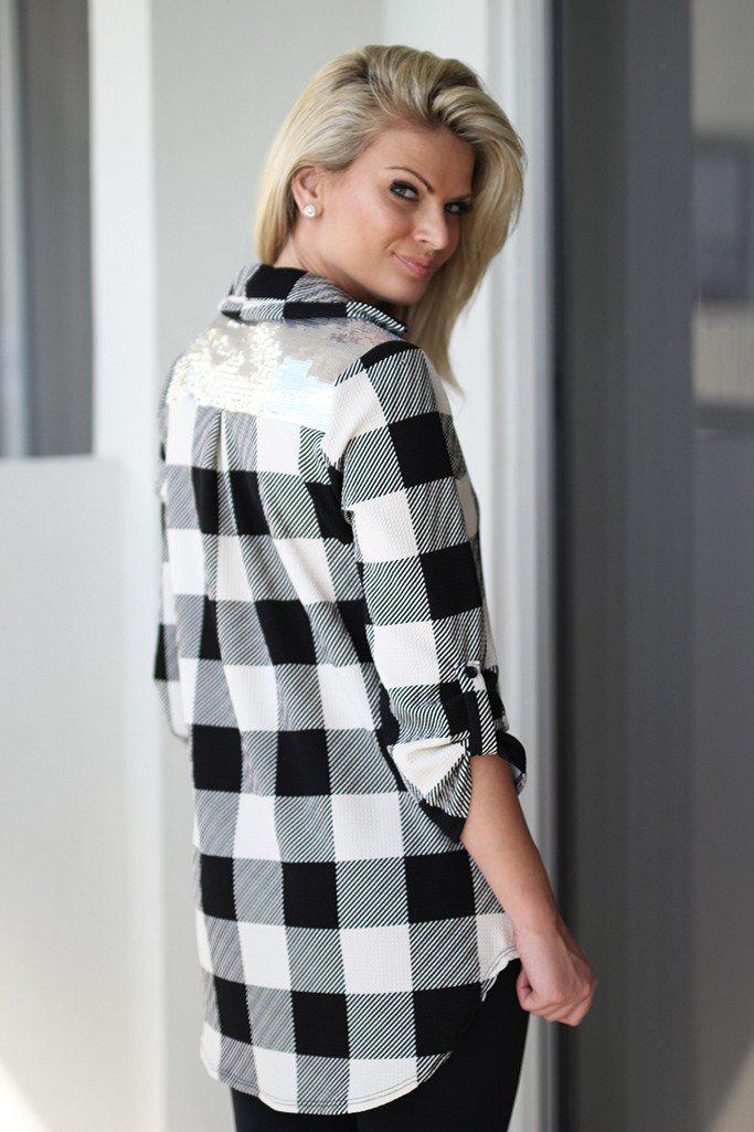 Ivory and Black Plaid Top with Sequin