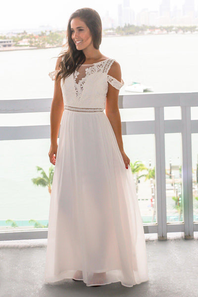 Ivory Cold Shoulder Maxi Dress with Crochet Top