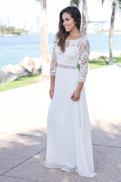 Ivory Crochet Maxi Dress with 3/4 Sleeves
