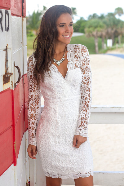 Ivory Crochet Short Dress with Long Sleeves