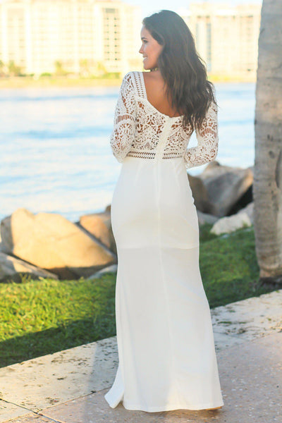 Ivory Crochet Top Maxi Dress with 3/4 Sleeves and Side Slit