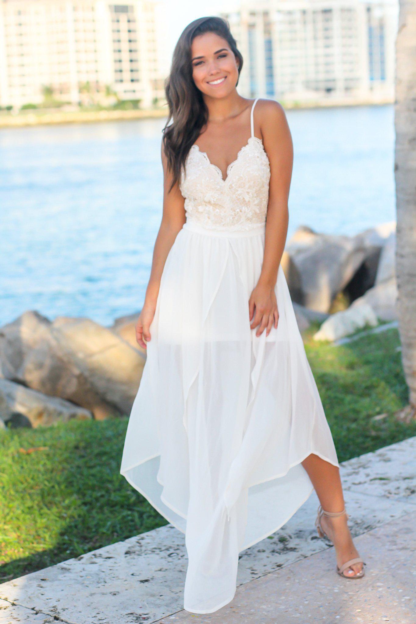 Ivory Crochet Top Maxi Dress with Open Back and Slits