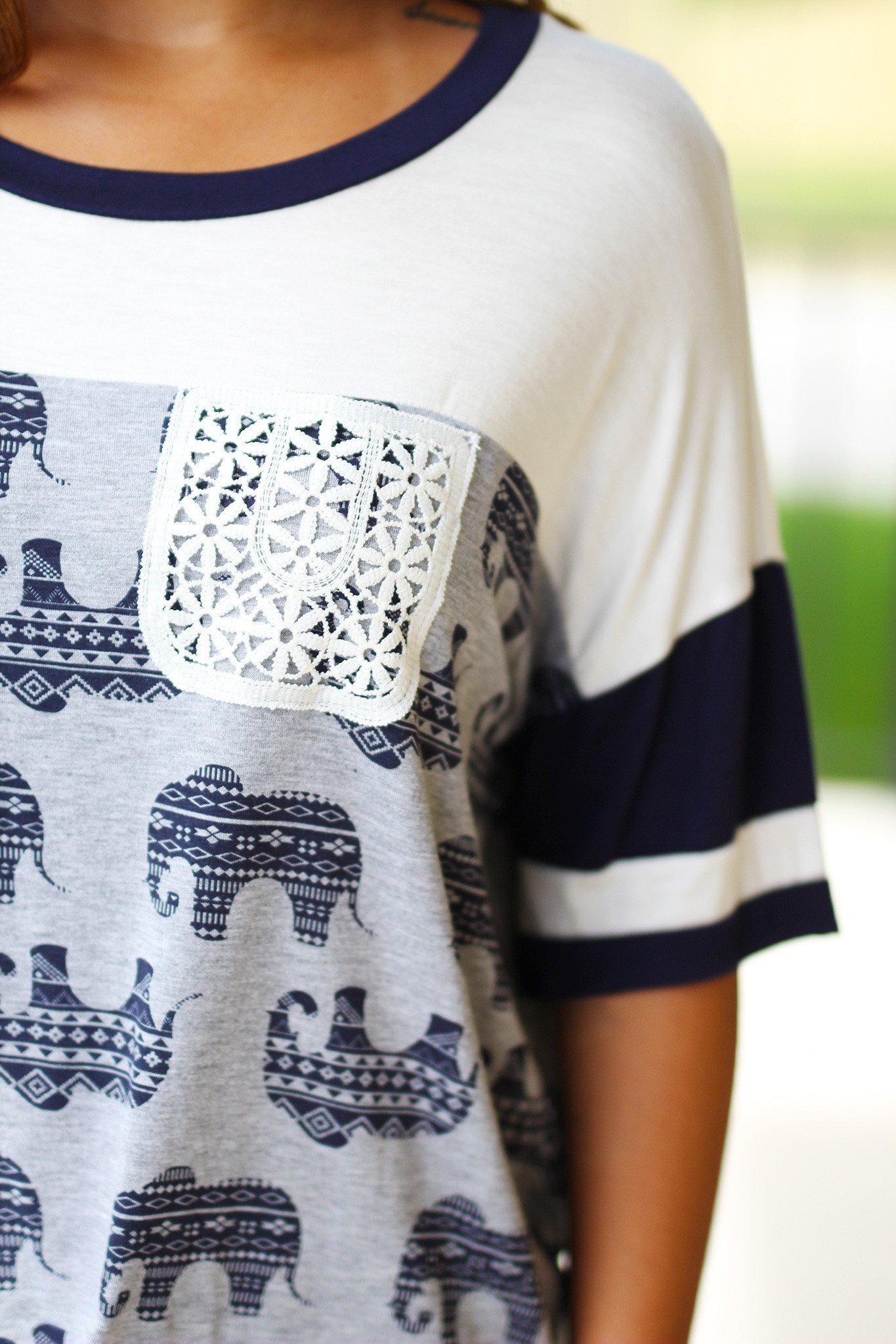 Ivory Elephant Top with Crochet Pocket