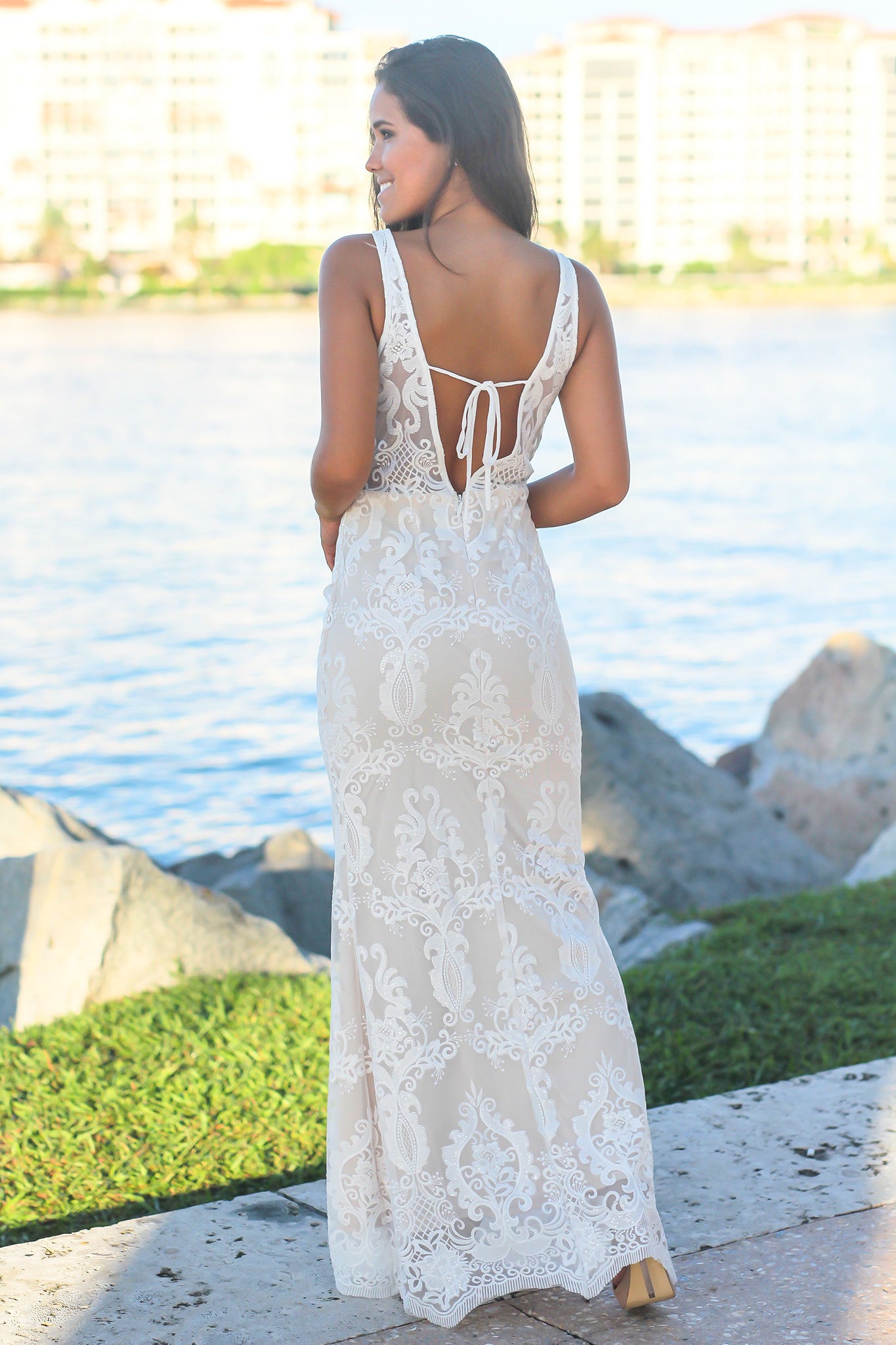 Ivory Embroidered Maxi Dress with Mesh Detail