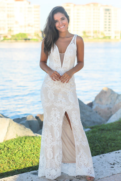 Ivory Embroidered Maxi Dress with Mesh Detail