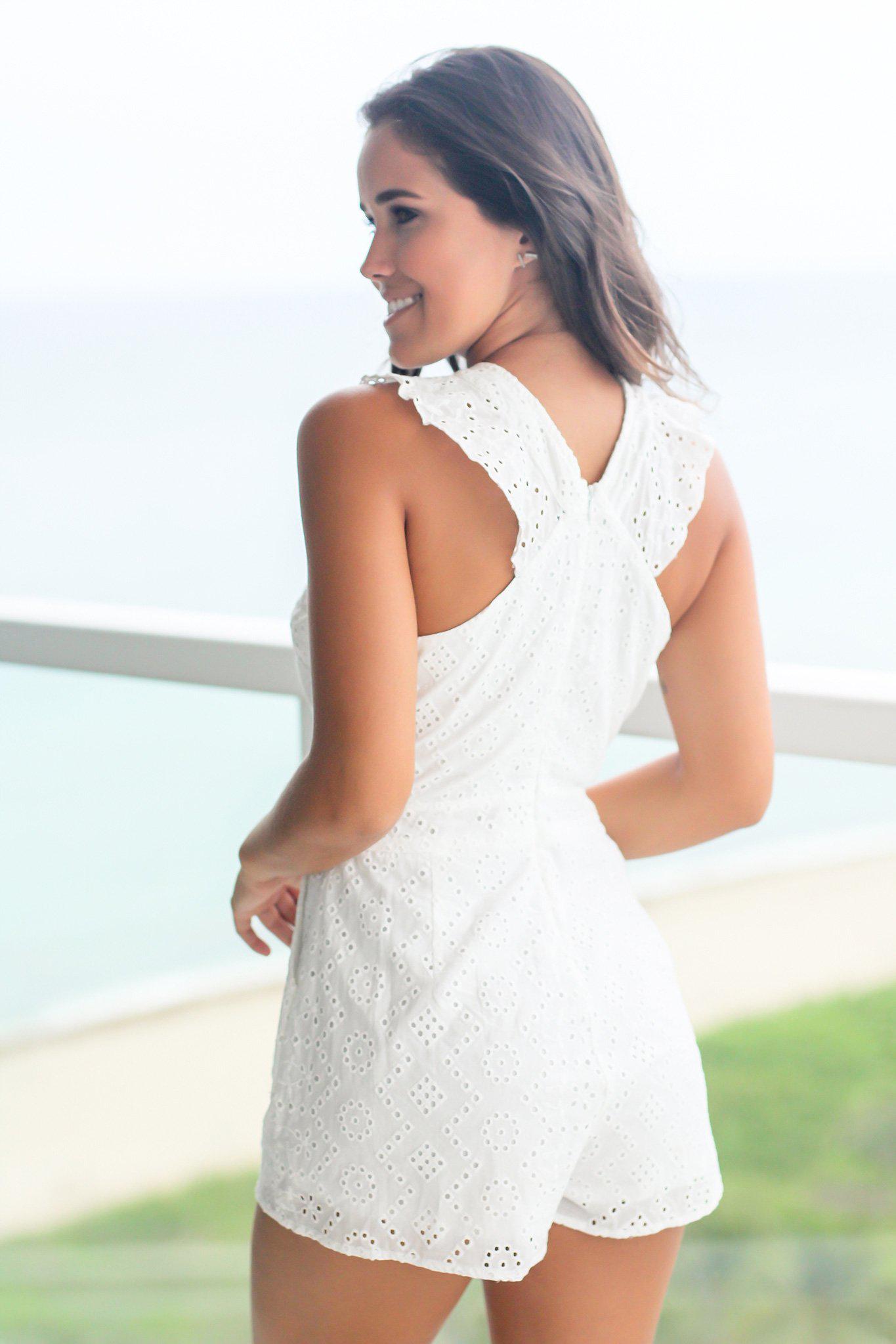 Ivory Embroidered Romper with Pockets