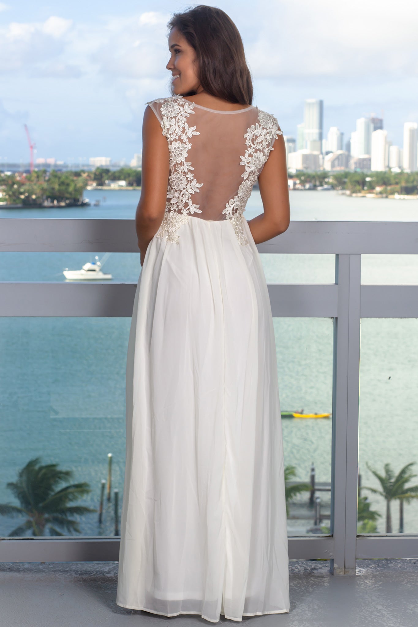 Ivory Embroidered Top Maxi Dress with Tulle Back