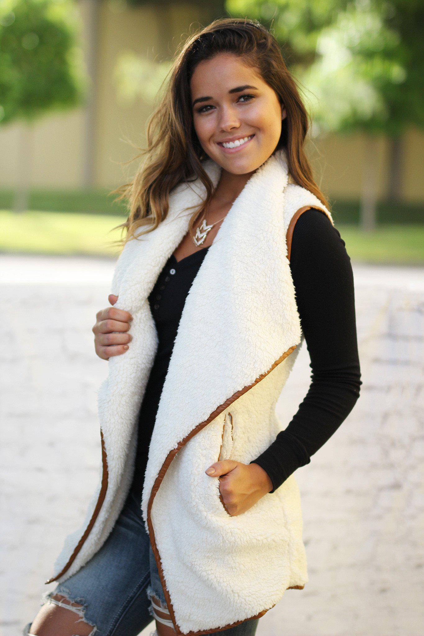 ivory faux fur vest with pockets