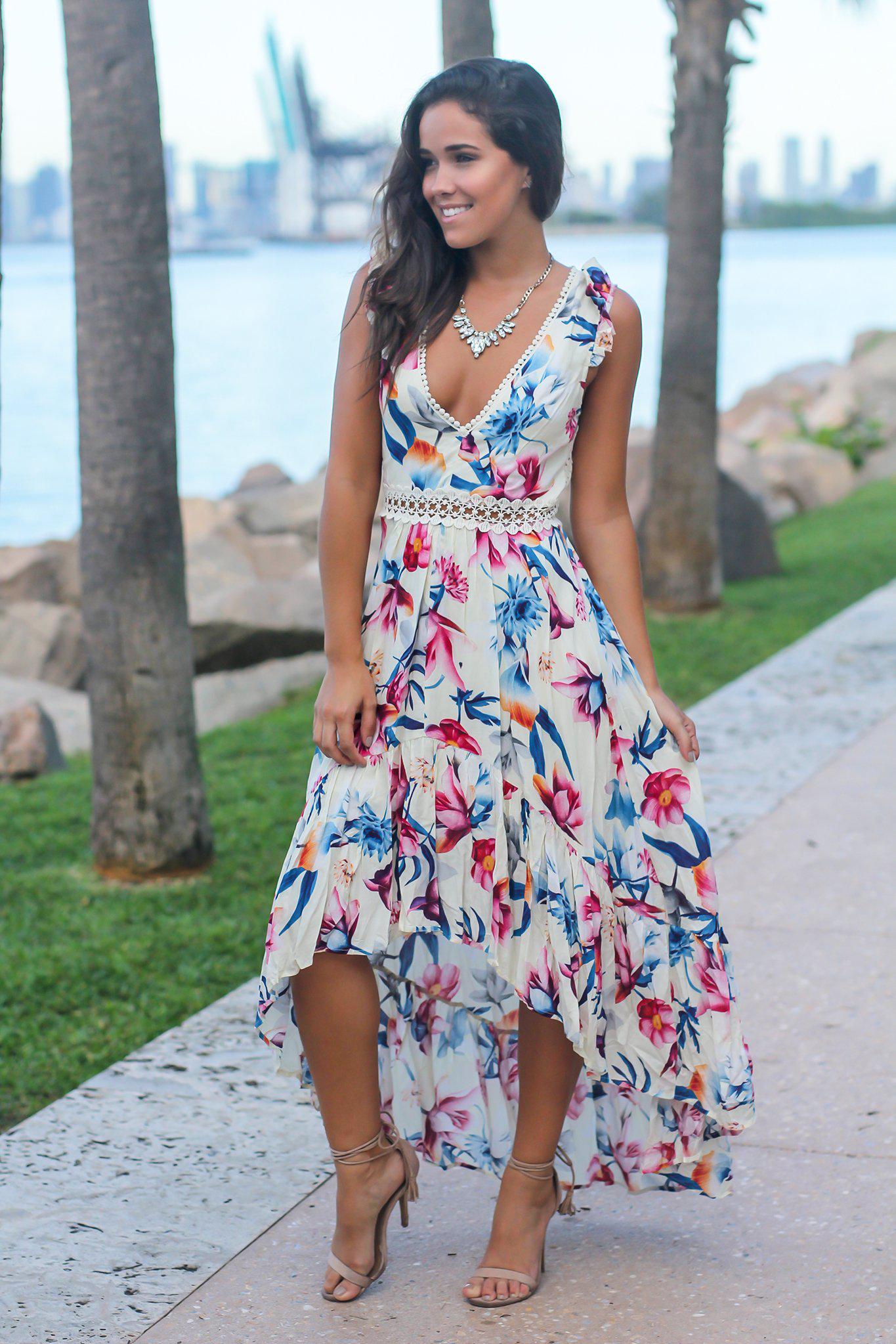 Ivory Floral High Low Dress with Crochet Open Back Detail