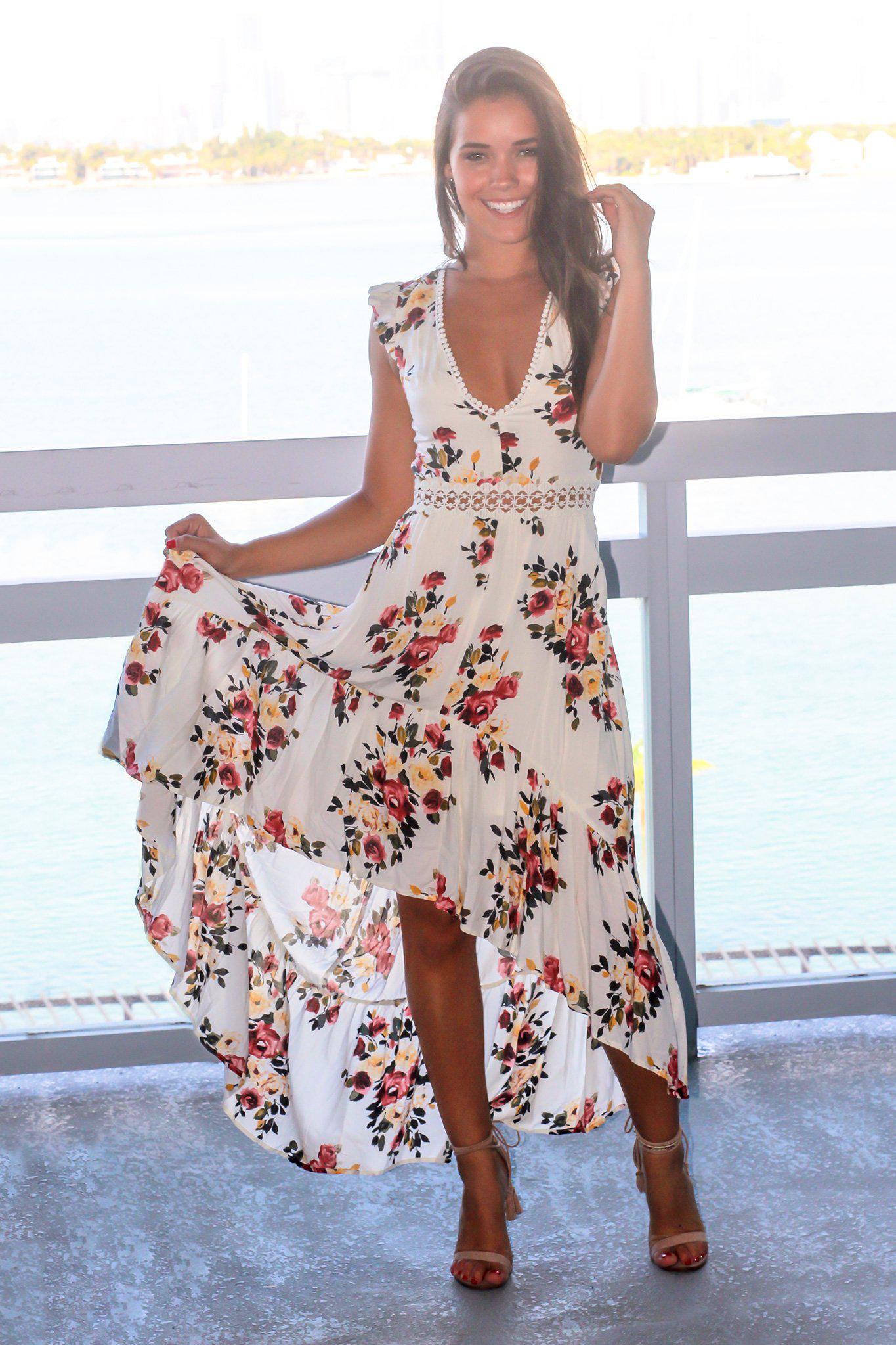 Ivory Floral High Low Dress with Open Back