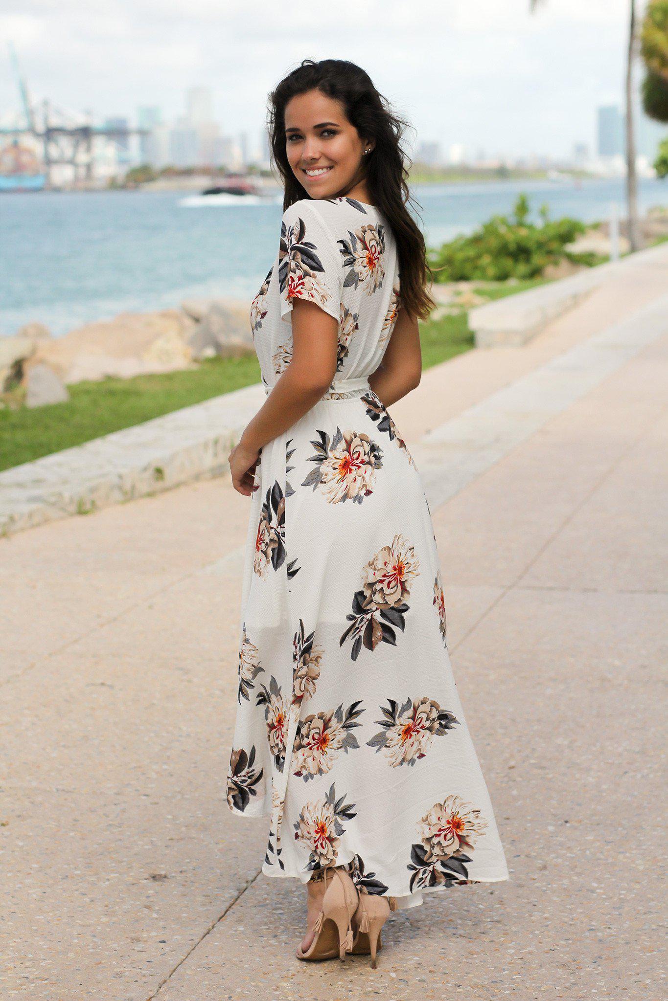 Ivory Floral High Low Wrap Dress