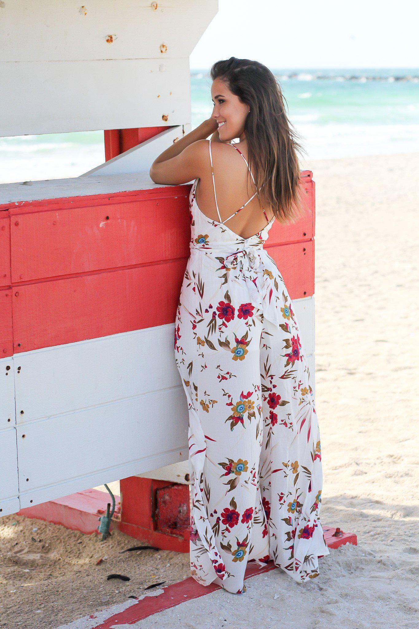 Ivory Floral Jumpsuit with Criss Cross Back