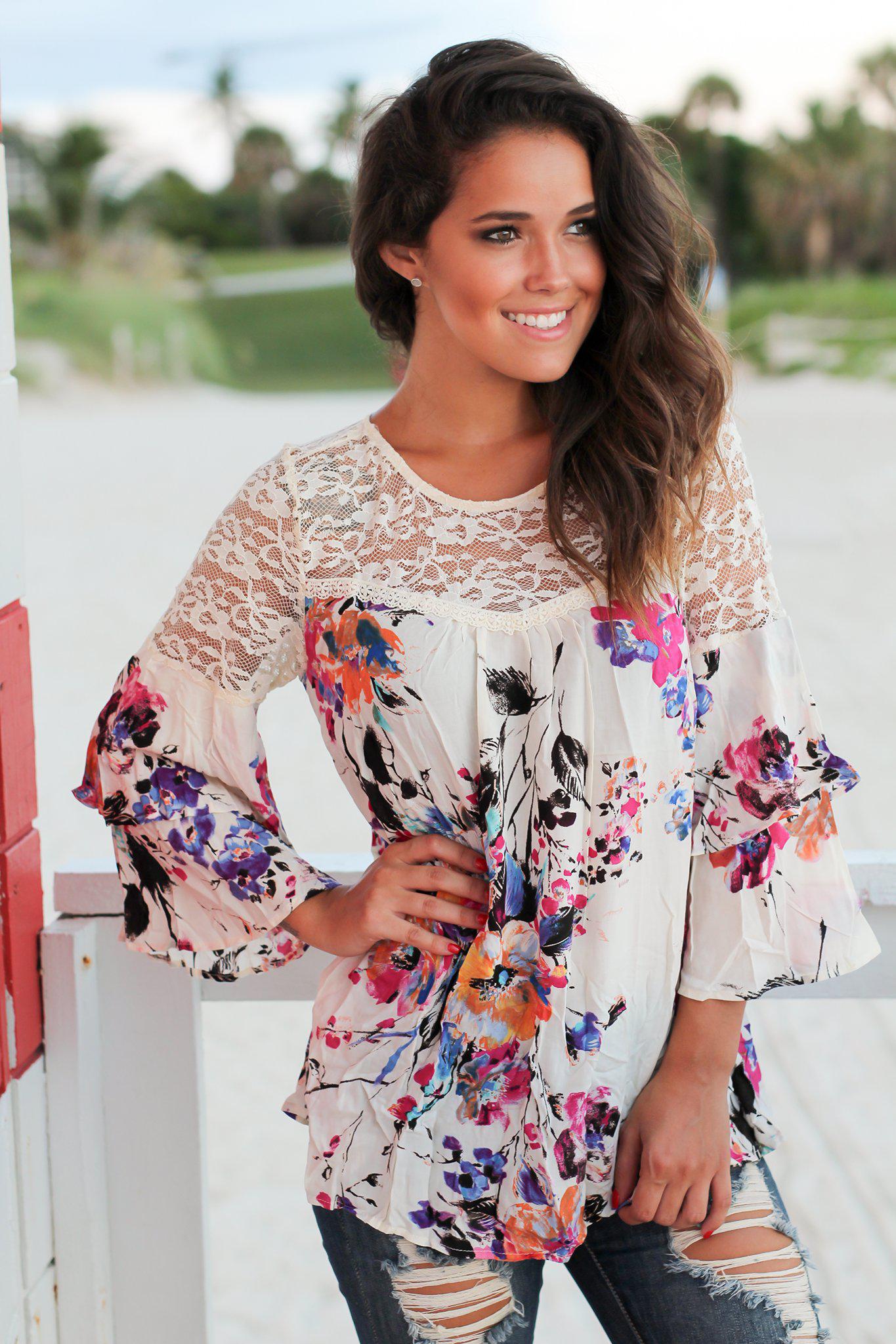 Ivory Floral Lace Top with Bell Sleeves
