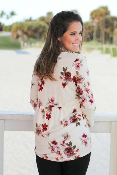 Ivory Floral Lace Up Long Sleeve Top