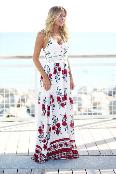 Ivory Floral Maxi Dress with Crochet Detail